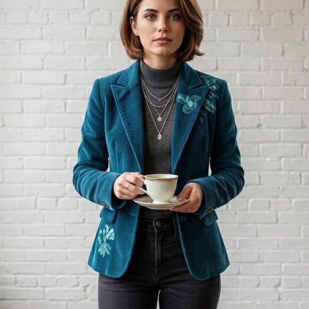 Corduroy Embroidered Blazer Womens XS Teal Floral Boho Indie Hipster Preppy